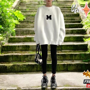Sudadera de gran tamaño para mujer / Jersey informal de calle / Estampado de letras bordadas / Top holgado de manga larga / Estilo acogedor para otoño e invierno