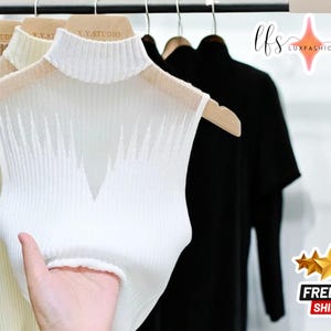 Women&#39;s Ribbed Knit Tank | Elegant Sleeveless Turtleneck Top | Slim-Fit Trendy Mesh Streetwear | Chic & Stylish Fall Fashion