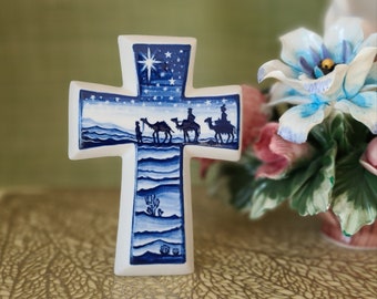 Handmade Ceramic Bible Scene Cross - The Three Wise Men, Christian gift, Wall cross, Crucifix, Christian Decor