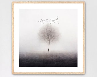 Black and White Winter Forest Print, Foggy Nordic Landscape, Minimalist Wall Art