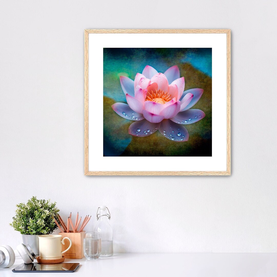 Lotus Flower Wall Art, Blue and Pink Lotus Flower Framed Print