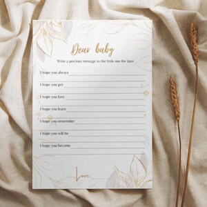 Wünsche für Baby Vorlage, Baby Beratung, Gold Blumen Babyshower, Bearbeitbare Vorlage, Hinweiskarte für werdende Eltern, Baby Spiel Aktivitäten, B2