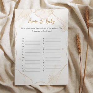 Baby Name Game, ABC Race Game baby names, Baby Shower Activities, Gold, Alphabet Games, Editable template, Printable instant download, B1