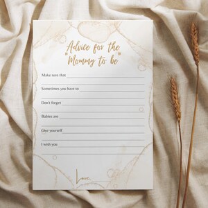 Carte conseil pour babyshower, conseils pour maman, baby shower fleurs dorées, modèle modifiable, carte conseil pour amis, jeu babyshower pour futurs parents, B1