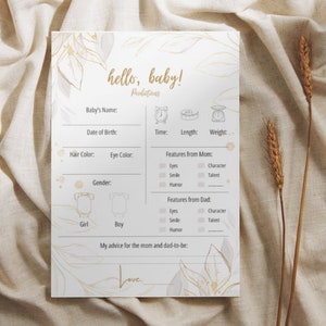 Babyvoorspellingskaart Gouden Bloem, Babyshowerspellen, Bewerkbare afdrukbare sjabloon, Babyspelactiviteiten, Advies en wensen voor toekomstige ouders, B2