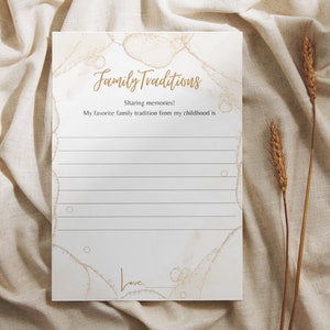 Carte de fête de naissance Family Traditions, Partagez un souvenir, Conseils pour une fête prénatale, Thème luxe doré, Modèle modifiable, Partage de souvenirs, Imprimable, B1