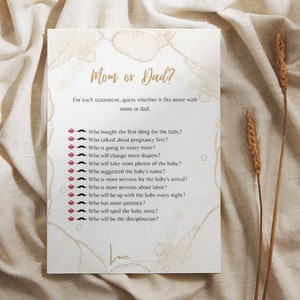 Gioco di indovinare mamma o papà, giochi di babyshower, chi l'ha detto, gioco doccia oro, indovina chi, modello modificabile, carta quiz per i nuovi genitori, B1