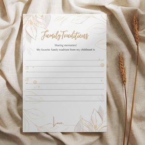 Carte de fête de naissance Family Traditions, Partagez un souvenir, Conseils pour une fête prénatale, Thème de la fleur d'or, Modèle modifiable, Partager des souvenirs, Imprimable, B2