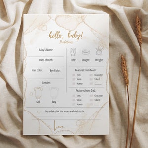 Modèle de carte prédictions de bébé or, conseils et souhaits pour les futurs parents, modèle bébé imprimable modifiable, activités de jeu de babyshower | B1