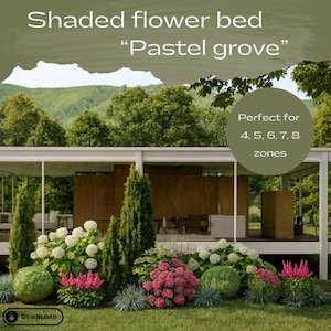 Premade shaded garden design plan Partial shade Full shade Preplanned pollinator Garden Modern Yard Plan Curb Appeal Zone 4 5 6 7 8