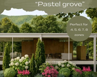 May include: A landscape design featuring a variety of plants, including white hydrangeas, pink astilbes, and green shrubs. The text reads "Shaded flower bed 'Pastel grove'" and "Perfect for 4, 5, 6, 7, 8 zones". A modern house is in the background.