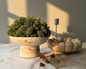 Moss bowl, Pedestal Bowl with Preserved Reindeer Moss, Handmade Jasmonite Centerpiece, Earthy Modern Decor, Wabi-Sabi Home Accent