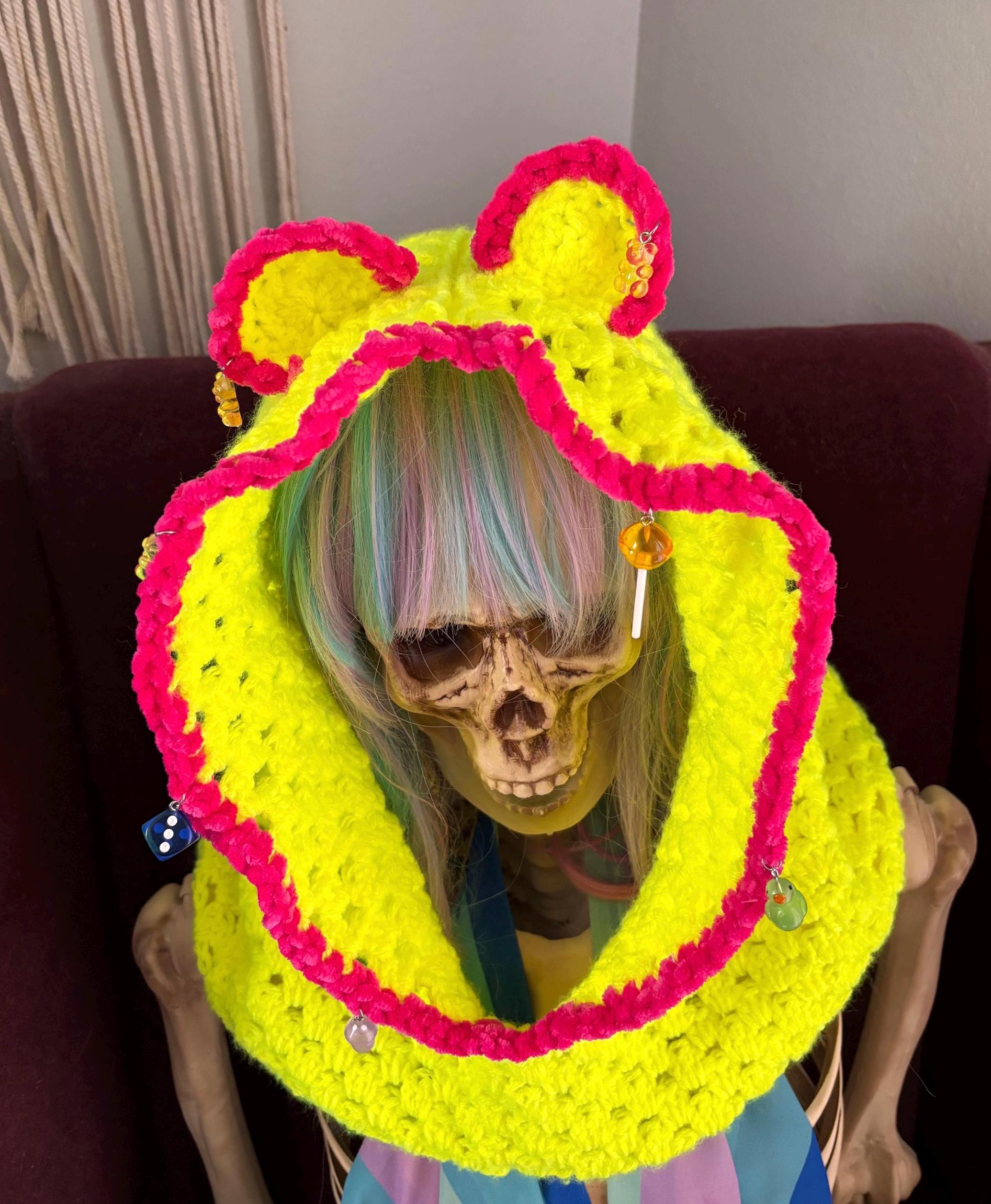 Trippy Neon Teddy Bear Crochet Rave Hood With Charms | EDM Rave ...