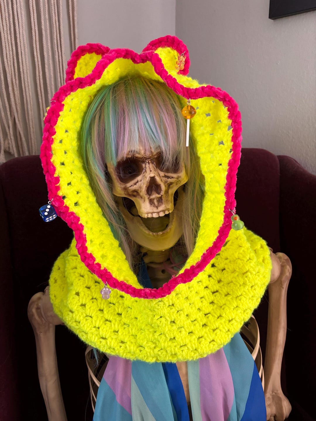 Balclava Rave Trippy Neon Teddy Bear Crochet Rave Hood With Charms | EDM Rave ...