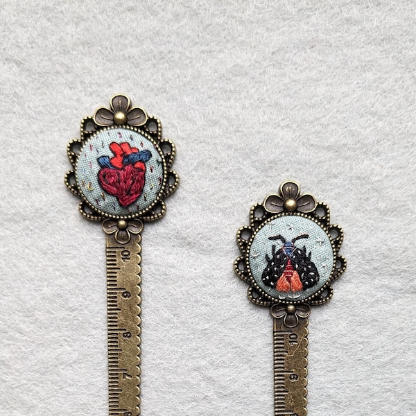 Gothic bookmark with tarot card inspired heart or celestial moth - hand embroidered bookmarks with vintage bronze aesthetic