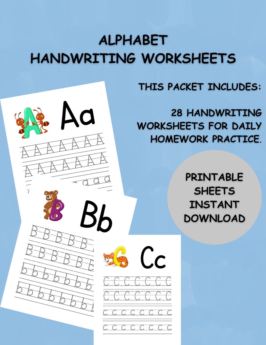 Alphabet Printable Tracing Worksheets for Homework Practice - Etsy
