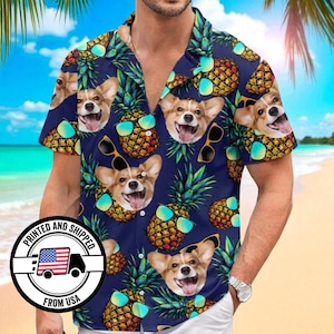Custom Face Hawaiian Shirt, Personalized Dog or Cat Photo Shirt, Funny Pineapple Aloha Shirt for Men Women, Vacation Beach Gift
