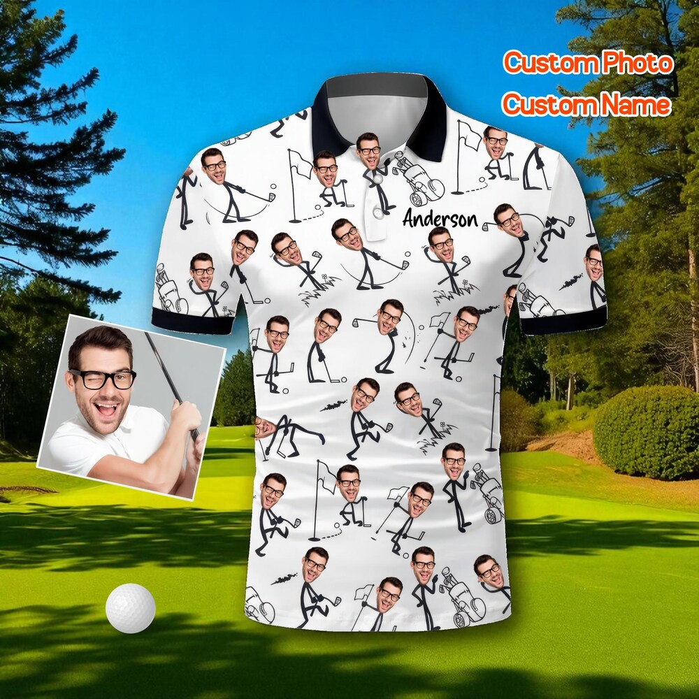 Custom Golf Polo Shirt With Face, Funny Personalized Gift For Him, Custom Name Polo For Dad, Golf Lover Shirt, Men'S Photo Polo Shirt Printfushion