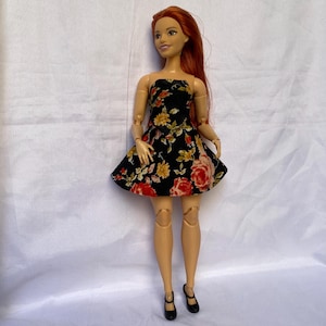 Black Floral Blouse and Skirt for 11.5inch Curvy Doll, Top and Skirt for 1/6 Scale Curvy Doll, Two-piece Dress for 30cm Curvy Doll