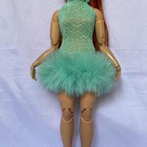 Mint Dress With Faux Fur for 11.5inch Curvy Doll, Halter Dress With Faux Fur for 1/6 Scale Curvy Doll, Dress for 30cm Curvy Doll