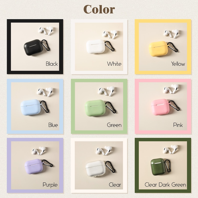 May include: A collection of colorful AirPod cases in various colors, including black, white, yellow, blue, green, pink, purple, clear, and clear dark green. Each case has a matching carabiner clip and is displayed with a pair of white wireless earbuds. The word "Color" is at the top.