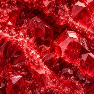 May include: A cluster of vibrant red crystalline structures featuring sharp, geometric facets and translucent surfaces. The mineral formation displays varying shades of deep crimson and bright scarlet with intricate, jagged edges.