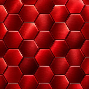 May include: A repeating pattern of metallic red hexagonal tiles featuring a brushed finish. Each individual hexagon displays subtle light reflections and directional graining, creating a uniform, geometric, and textured surface design.