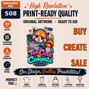 Red Panda Sticker PNG, Too Cute to Compute, Cute Coder Digital Download, Nerdy Animal Clipart