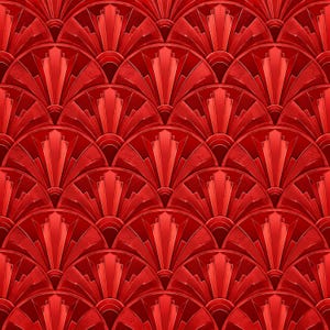 May include: A repeating pattern featuring vibrant red fan-shaped motifs arranged in an interlocking, layered design. Each fan element displays a central vertical pillar with radiating geometric lines, creating a structured, symmetrical, and textured visual effect across the entire surface.