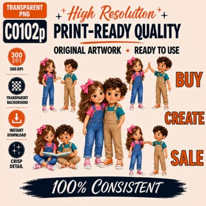May include: A digital graphic set featuring cartoon-style illustrations of a girl with long brown hair and a pink bow and a boy with curly brown hair. They are depicted in various poses wearing blue denim overalls and tan overalls with shirts.