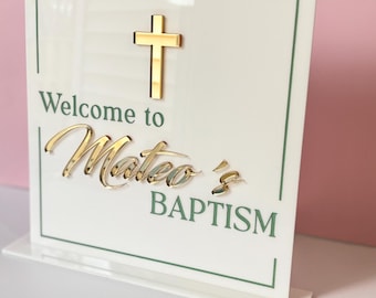 Letrero de bienvenida personalizado para bautizo Letrero acrílico de mesa con cruz Decoración personalizada bautizo bebé eventos religiosos