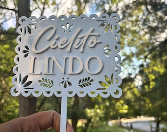 Cielito Lindo Acrylic Cake Topper – Papel Picado Estilo / Fiesta, Cumpleaños, Boda, Decoración de Celebración Mexicana
