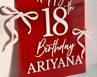 Cartel de cumpleaños personalizado estilo Coquette | Decoración para fiestas con diseño de lazos | Letras en 3D