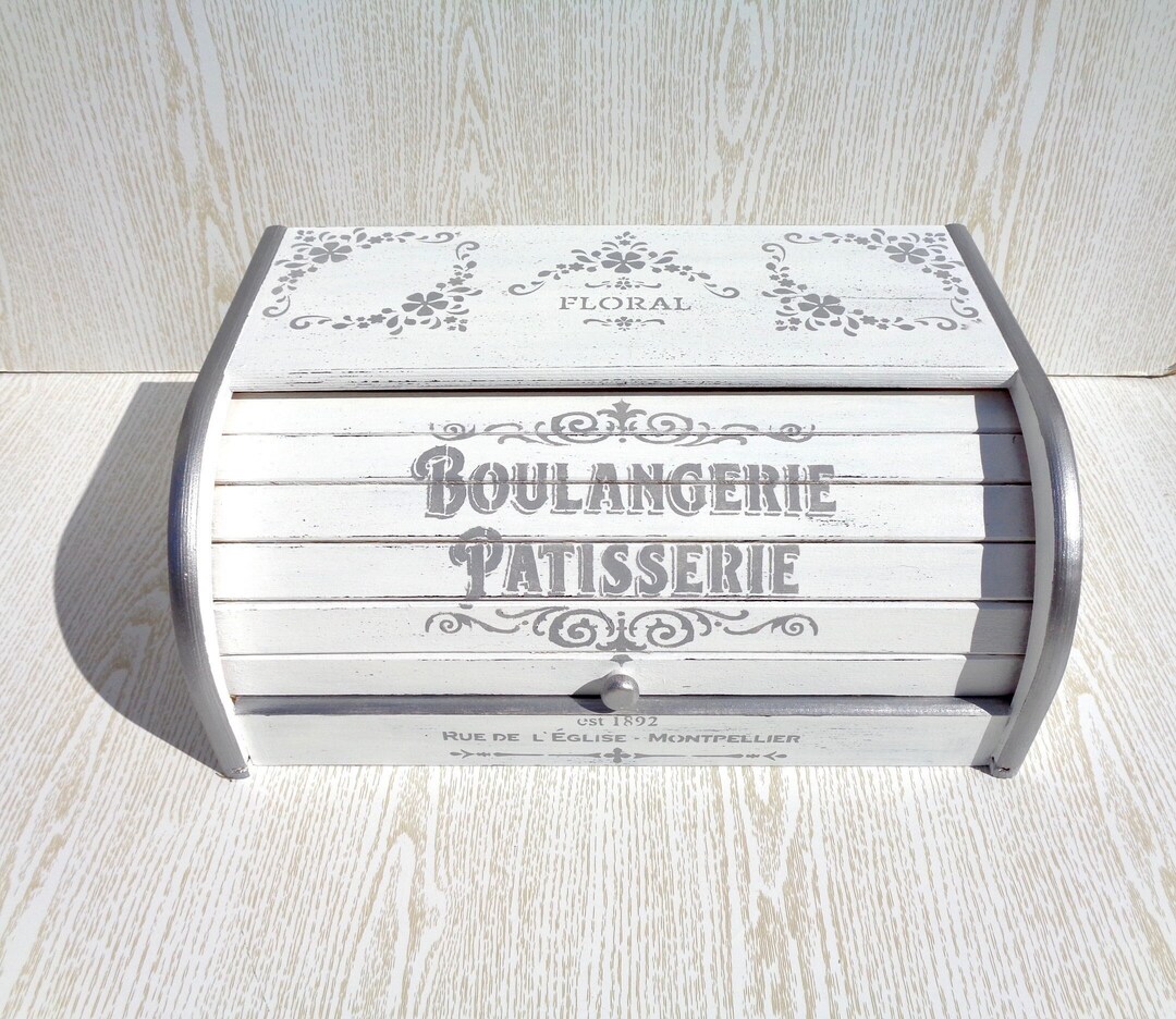 French Vintage Bread Box Shabby Chic Bread Bin for Countertop Wood Breadbox Roll Top Antique