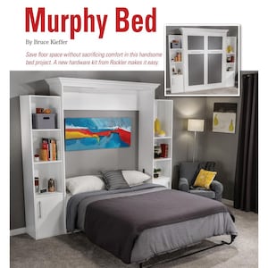 Puede incluir: Una cama abatible blanca con estanterías integradas. La cama está abierta, con un edredón gris y almohadas. El cabecero presenta una pintura abstracta colorida. El texto "Murphy Bed" está en la parte superior.