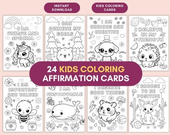 Kids Animal Coloring Affirmation Cards: 24 Printable Positivity Cards (Digital Download)