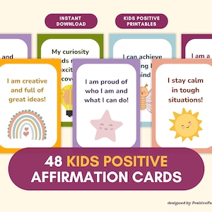 Carte d'affirmation de confiance, courage pour les enfants, affirmation d'enfants imprimable, cartes de positivité quotidiennes pour enfants au format PDF, 48 affirmations d'enfant boîte à lunch