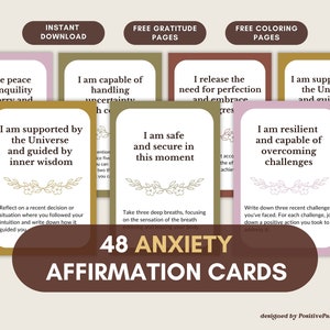Cartões de Afirmações Positivas para Ansiedade, Baralho de Afirmações para Autocuidado Diário com Exercícios de Atenção Plena, Registro de Gratidão Gratuito com Arteterapia