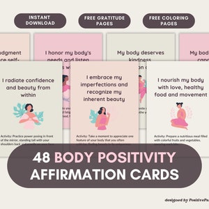 Schede stampabili sull'immagine corporea, affermazioni quotidiane sulla positività del corpo con attività di cura di sé, carte per amare il corpo e la gratitudine, mazzo di carte per la positività del corpo