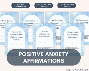 Anxiety Positive Affirmation Cards, Daily Self-Care Printables Affirmations Deck with Mindfulness Exercises, Free Gratitude Log Art Therapy