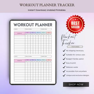 Peut inclure: Un planificateur d'entraînement numérique affiché sur une tablette. Le planificateur comprend des sections pour la date, la zone de concentration et la durée, avec des espaces pour les exercices, les séries, les répétitions et le poids. Le texte "Workout Planner Tracker" est visible.