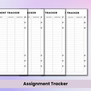 May include: White assignment tracker sheets with columns for due dates and completion status. The sheets are pre-punched for binder use. The text "Assignment Tracker" is at the bottom of the image.