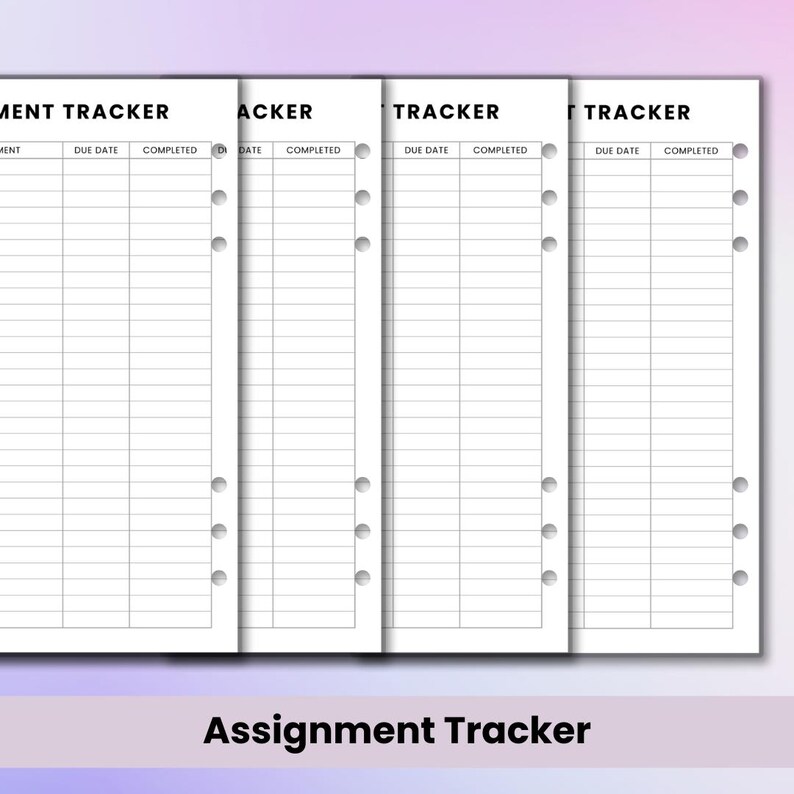 May include: White assignment tracker sheets with columns for due dates and completion status. The sheets are pre-punched for binder use. The text "Assignment Tracker" is at the bottom of the image.