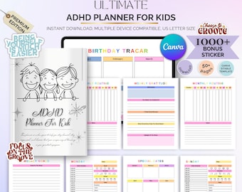 ADHS-Planer für Kinder, täglicher Organizer, Lernhilfe (Canva bearbeitbar, digital)
