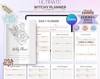 Planificador semanal de brujas: Diario mágico, tarot, wicca (editable en Canva, pegatinas digitales, tamaño carta de EE. UU.)