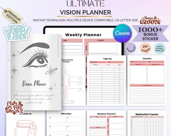 Vision Planner: Dziennik codziennej produktywności i dobrego samopoczucia (edytowalny w Canva, zawiera naklejki cyfrowe)