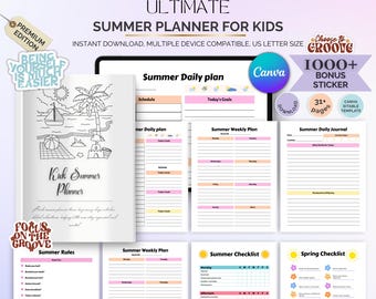 Kids Summer Activity Planner: Canva Editable, 1000+ Stickers (US Letter, Digital Download