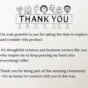 May include: A white banner with the words "THANK YOU" held by seven stick figures with different hairstyles and expressions. The image is on a white background with text below.