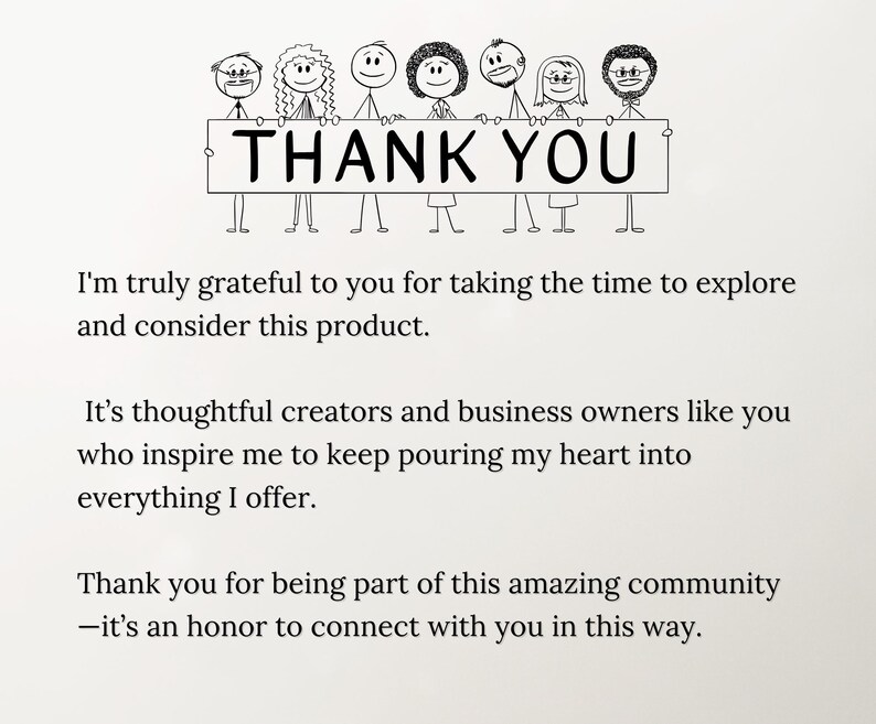 May include: A white banner with the words "THANK YOU" held by seven stick figures with different hairstyles and expressions. The image is on a white background with text below.