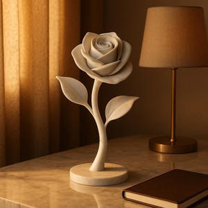 Puede incluir: Una escultura de rosa color crema con tallo y hojas, colocada sobre una base redonda. La escultura está sobre una superficie similar al mármol, con una lámpara y un libro cerrado en el fondo. La rosa es el punto focal.